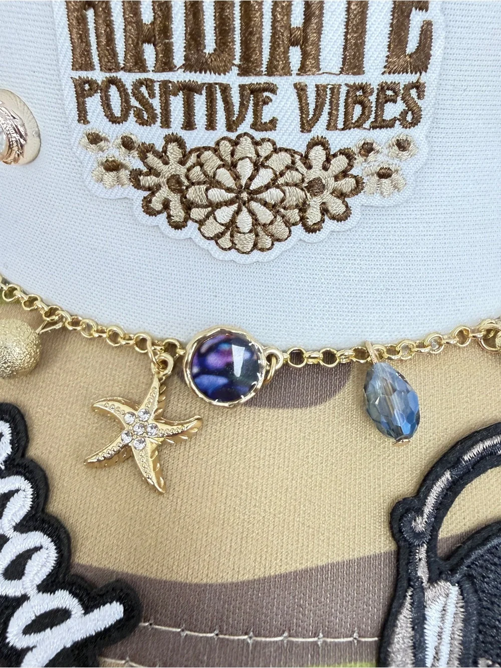 Radiate Positive Vibes Olive &‎ White Embellished Trucker Hat